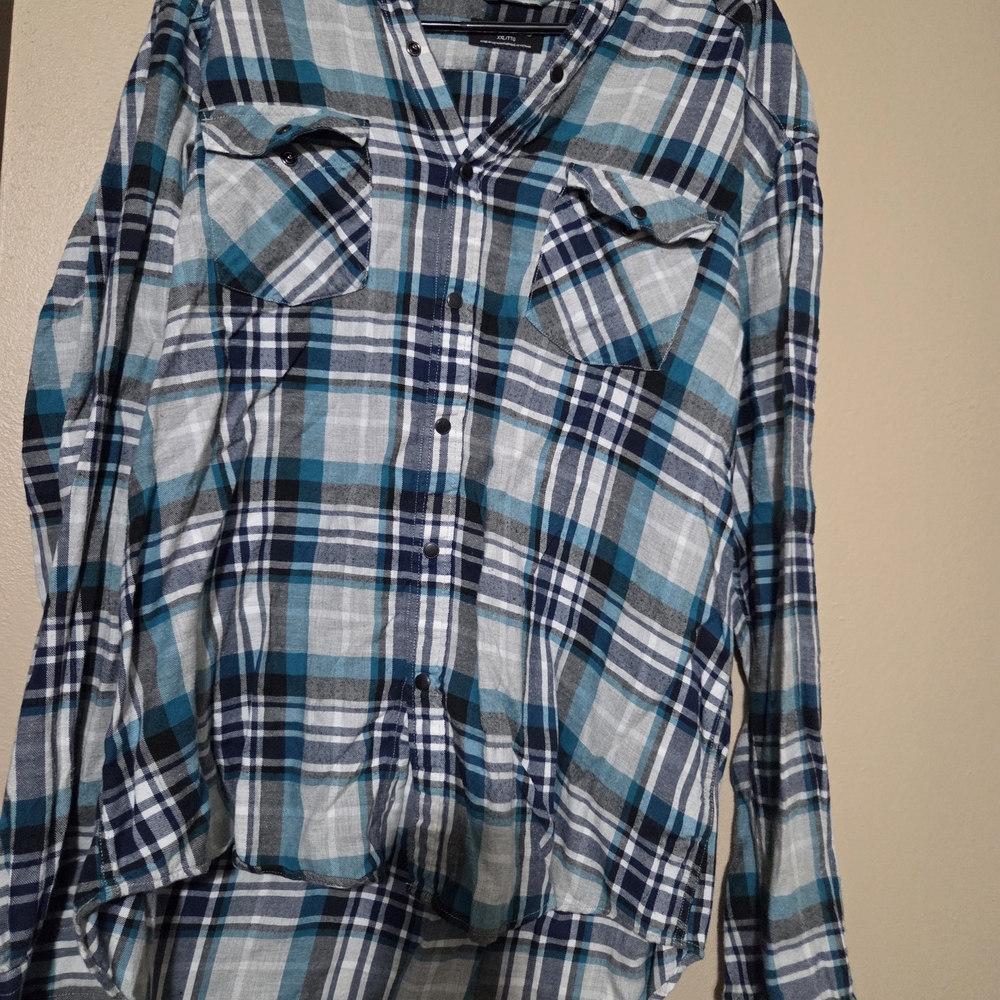 Express Teal and Gray Plaid Shirt